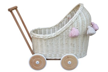 Плетеная кукольная коляска с кисточками, кукла БЕЛАЯ
