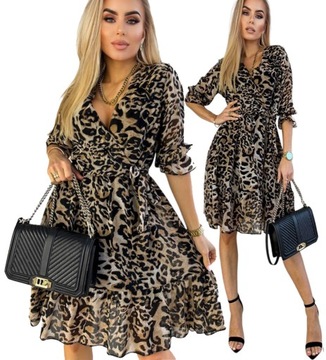 ELEGANCKA SUKIENKA kopertowa damska MODNA stylowa animal PRINT dekolt V