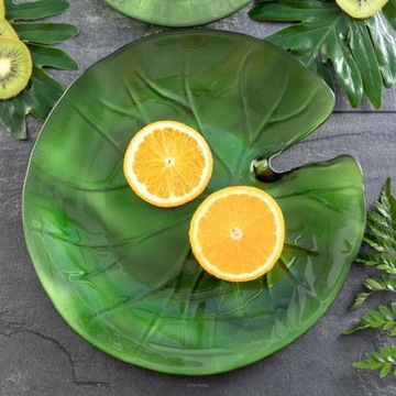 PATERA NA CIASTO OWOCE SZKLANA TALERZ LIŚĆ 32 cm