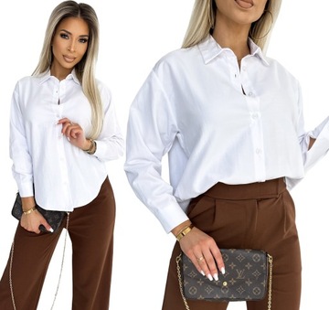 KOBIECA LUŹNA KOSZULA OVERSIZE Wygodna Bawełniana Biała Natural S_36