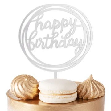 TOPPER NA TORT HEPPY BIRTHDAY SREBRNE OKRĄGŁE NA IMPREZĘ URODZINOWĄ