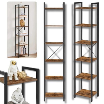 WYSOKI REGAŁ NA KSIĄŻKI Z PÓŁKAMI RUSTYKALNY METALOWY DRABINKOWY WĄSKI LOFT