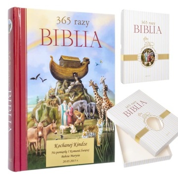 Biblia na Komunię z dedykacją Biblia dla dzieci w ozdobnym pudełku grawer