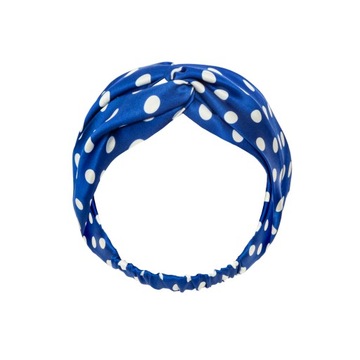 Jedwabna opaska do włosów chabrowa w białe groszki