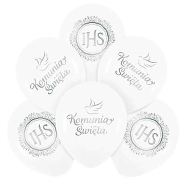 BALONY lateksowe biało srebrne PIERWSZA KOMUNIA ŚWIĘTA IHS