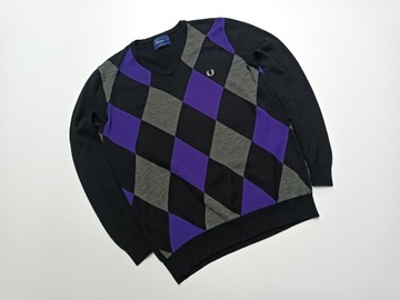 FRED PERRY Elegancki Sweter w Romby 100% WEŁNA MERINO r. L