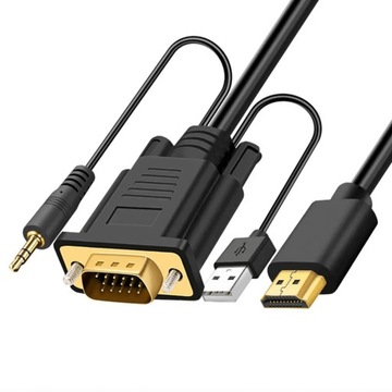 Kabel VGA na HDMI 3M FULL HD D-SUB Przewód Adapter Dzwięk Audio Jack