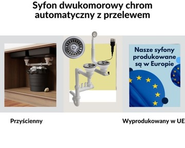 Сифон для двухчашной мойки, автоматический, хром.