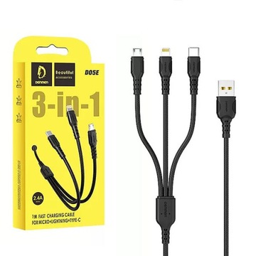 SZYBKI Kabel 3w1 1m USB - Micro USB + Lightning do IPHONE + USB-C 100cm