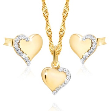 Złoty Komplet Biżuterii Złoto 585 Naszyjnik Kolczyki Serca UPOMINEK GRATIS