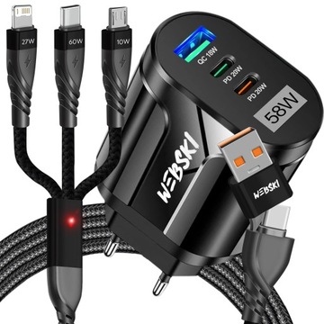 SZYBKA ŁADOWARKA SIECIOWA DO TELEFONU 58W QC 3.0+KABEL 6w1 USB TYP-C iPhone