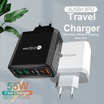 MOCNA SZYBKA UNIWERSALNA ŁADOWARKA SIECIOWA 55W PD+QC 3.0 USB X 3, USB-C x3
