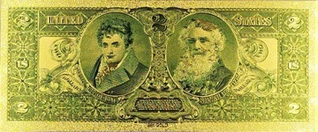 Уникальная позолоченная банкнота 2 ДОЛЛАРА 1896 года