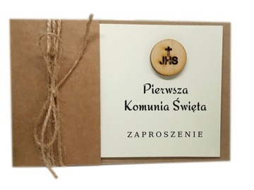 ZK49*1 Zaproszenie komunijne, na Komunię z drewnianą hostią * KOMUNIA
