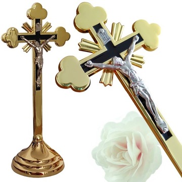 PIĘKNY ZŁOTY STOJĄCY KRZYŻ TRADYCYJNY 22 cm
