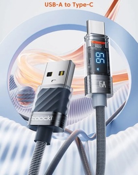 Кабель Tooki, 2 метра, USB A — Usb C, 6 А, 66 Вт, 2 м, синий ЖК-дисплей, метр.