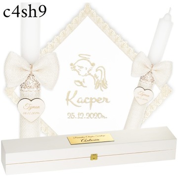ŚWIECA NA CHRZEST + PUDEŁKO SZATKA I ŚWIECA DO CHRZTU HAFT + GRAWER - BOHO