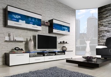 MEBLOŚCIANKA CAMA I WENGE / BIAŁY POŁYSK + LED
