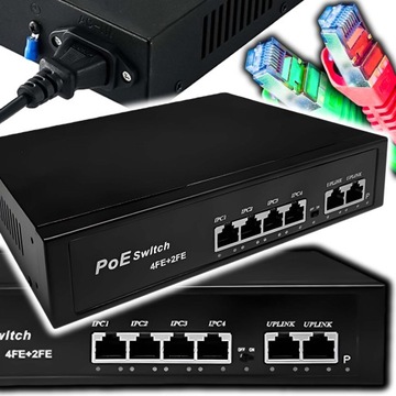 Switch POE 4 2 4xPOE 2xUplink 10/100Mbps 65W PoE do Kamer funkcja EXTEND