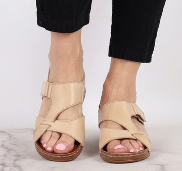 Beżowe eleganckie sandały damskie skórzane płaskie komfortowe ROZ. 37