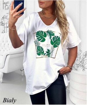 T-SHIRT KOSZULKA BAWEŁNA Liście palmy PLUS SIZE V dekolt 2XL-5XL T39