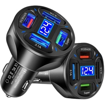 SZYBKA ŁADOWARKA SAMOCHODOWA 4x USB QC 66W DO TELEFONU TABLETA LED