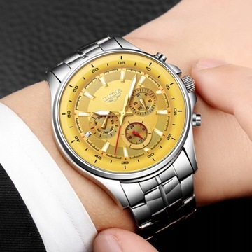 Zegarek męski LIGE bransoleta srebrny chronograf datownik