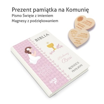 Prezent pamiątka na Komunię Biblia i magnesy