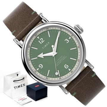 ZEGAREK MĘSKI Timex ZIELONA TARCZA na pasku skórzanym brązowym INDIGLO 50M