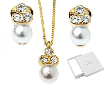 ZŁOTY KOMPLET BIŻUTERII PERŁA I CYRKONIE SWAROVSKI