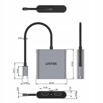 Unitek V1404B Адаптер USB-C — 2x HDMI 4K MST