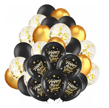 Zestaw dekoracji na Sylwestra Happy New Year czarno złote z konfetti grube