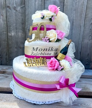 Prezent na Rocznicę Ślubu Tort z 4 Grubych Ręczników Kwiaty Róże Mydlane