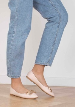 БЕЖЕВЫЕ ТУФЛИ БАЛЕТКИ ИЗ ЭКО КОЖИ ЗОЛОТОЙ ДЕКОРАЦИЯ 38