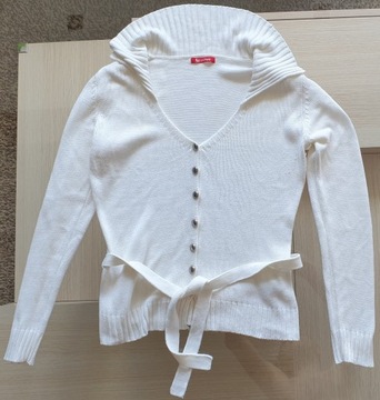 Sweter rozpinany ecru pasek kołnierz M