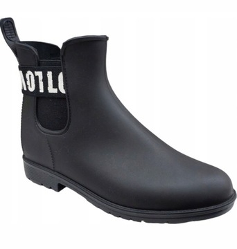 KALOSZE DAMSKIE BOTKI SZTYBLETY NAPIS CZARNE r 39