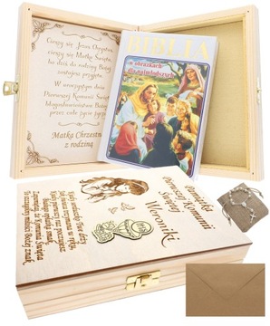 Biblia PAMIĄTKA PIERWSZEJ Komunii Świętej Pudełko Grawer RÓŻANIEC GRATIS