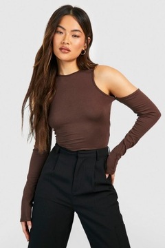 LC51301 *BOOHOO BRĄZOWE BODY ODKRYTE RAMIONA DŁUGI RĘKAW L