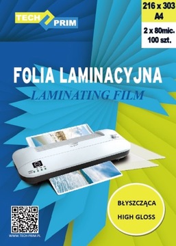 FOLIA LAMINACYJNA DO LAMINOWANIA A4 80 MIC 100 SZT 216X303 MM BŁYSK