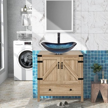 Умывальник Стеклянная столешница Синий смеситель для умывальника Овальный со сливом