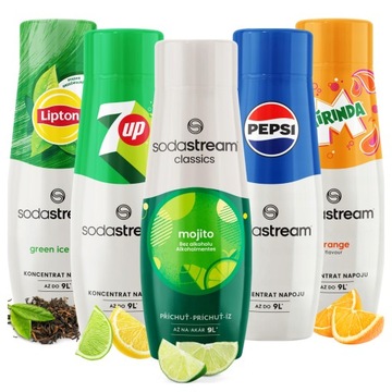 5x SYROP SMAKOWY SODASTREAM MOJITO, MIRINDA, 7UP, PEPSI, LIPTON GREEN TEA