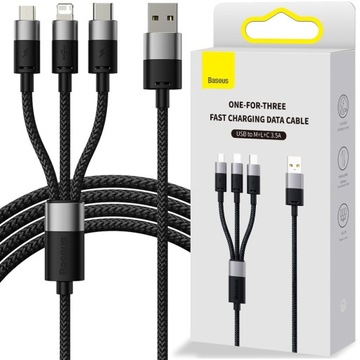 ТЕЛЕФОННЫЙ КАБЕЛЬ BASEUS STRONG 3 В 1 USB TYPE C MICRO USB LIGHTNING 3,5 А, 1,2 М