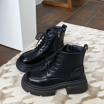 śniegowce Buty motocyklowe ze skóry lakierowanej Fahion damskie sznurowane