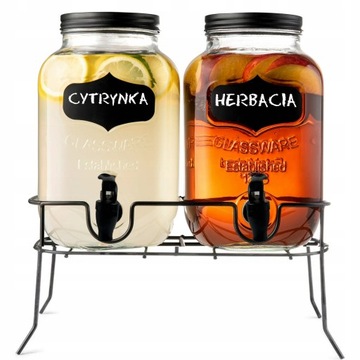 SŁÓJ SZKLANY NA STOJAKU Z KRANIKIEM NA LEMONIADĘ SOK WODĘ 2 SŁOIKI STOJAK