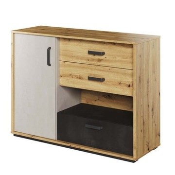Komoda Qubic dąb artisan surowa stal silk flou mat