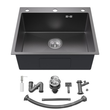 54x49CM Zlewozmywak jednokomorowy Czarny z Dozownikiem i Syfon, Stal Inox