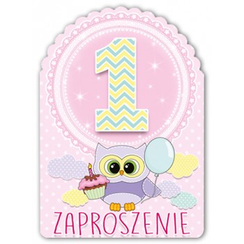 Zaproszenia na 1 urodziny, różowe dla dziewczynki, sowa, 1 szt
