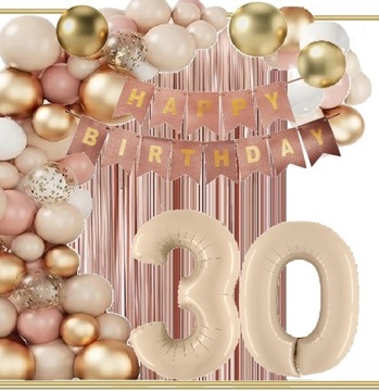 BALONY dekoracje na urodziny cyfra 30 lat beż wild rose gold