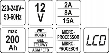 ЭЛЕКТРОННЫЙ ВЫПРЯМИТЕЛЬ С ЖК-дисплеем YATO 12В 2А 8А 15А