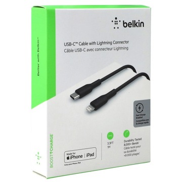 Кабель BELKIN PVC USB-C — Lightning, 1 м, черный